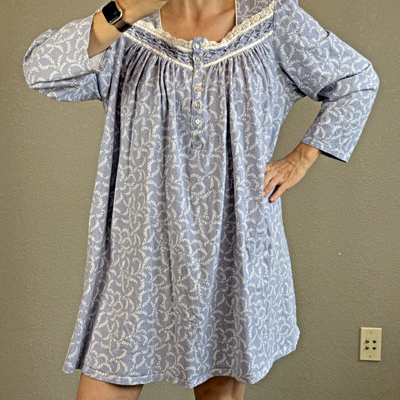 Eileen West Blue Floral Cotton Jersey Knit Nightgown Plus Size 2X Long Sleeve - Picture 1 of 9